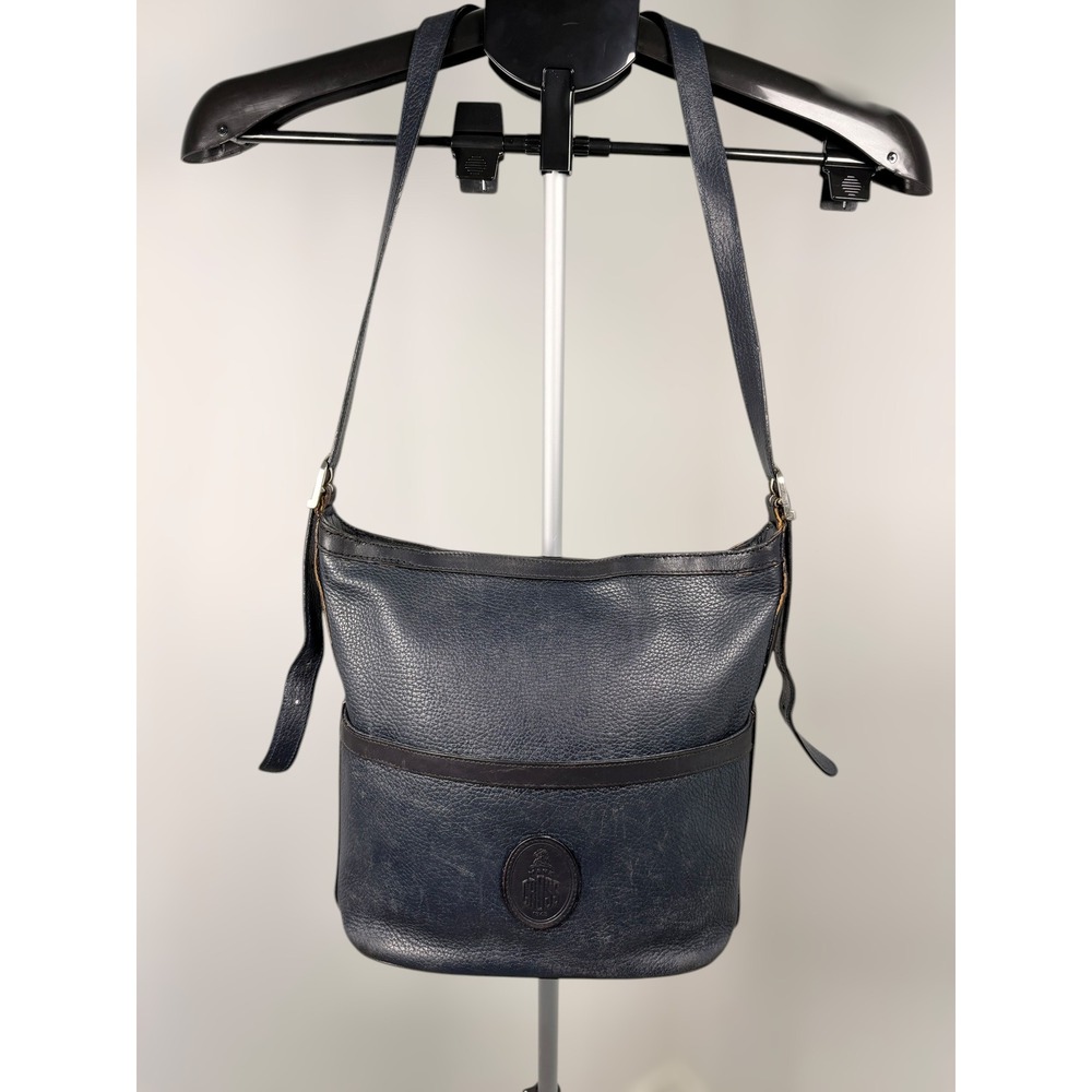 Mark Cross Vintage Navy Blue Pebbled Leather Crossbody Bucket Bag Italy‎